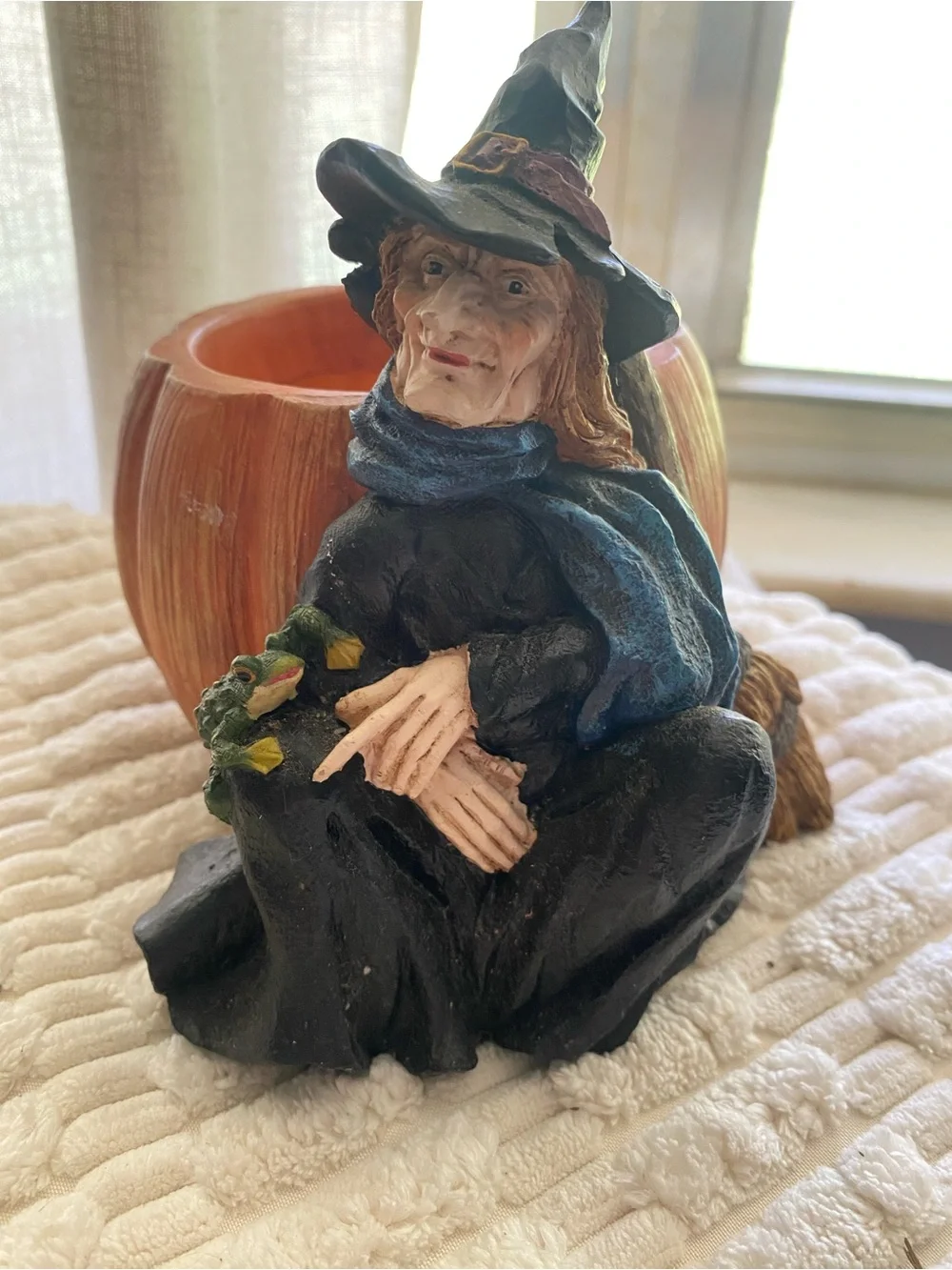 Hand-Painted Witch Figurine with Pumpkin Candle Holder / Votive - Black & Orange